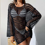 Hollow-knit beach dress, black, long sleeves, round neck with open crochet pattern