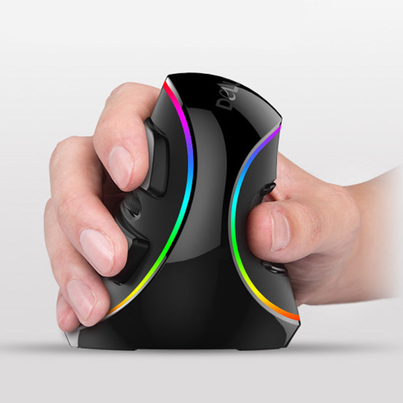 Vertical ergonomic wired RGB mouse, black shell with rainbow LED accent, held in hand