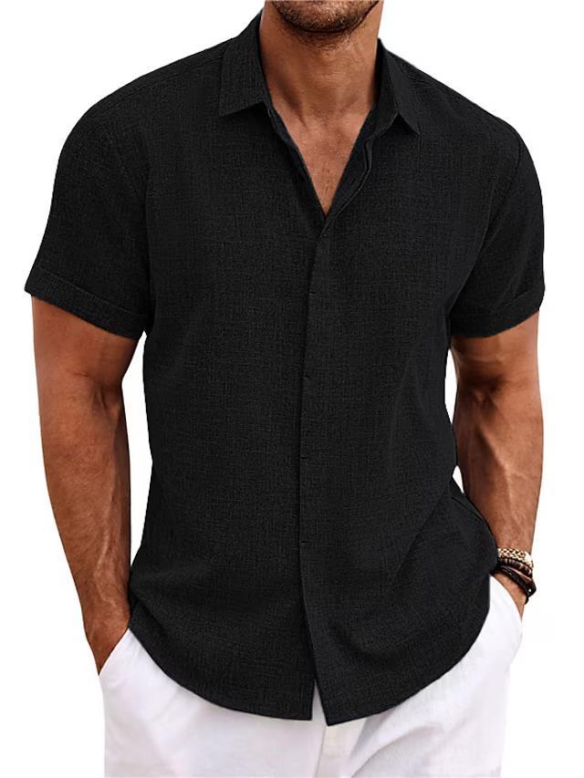 Men's linen-style stand collar short sleeve T-shirt in black