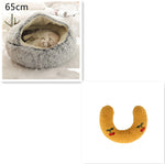 65cm gray round plush pet bed nest with mustard yellow U-shaped bolster cushion