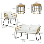 Juego de muebles de exterior de 5 piezas de ratán PE con sillas acolchadas, sofá biplaza y mesas de centro apilables, blanco crema