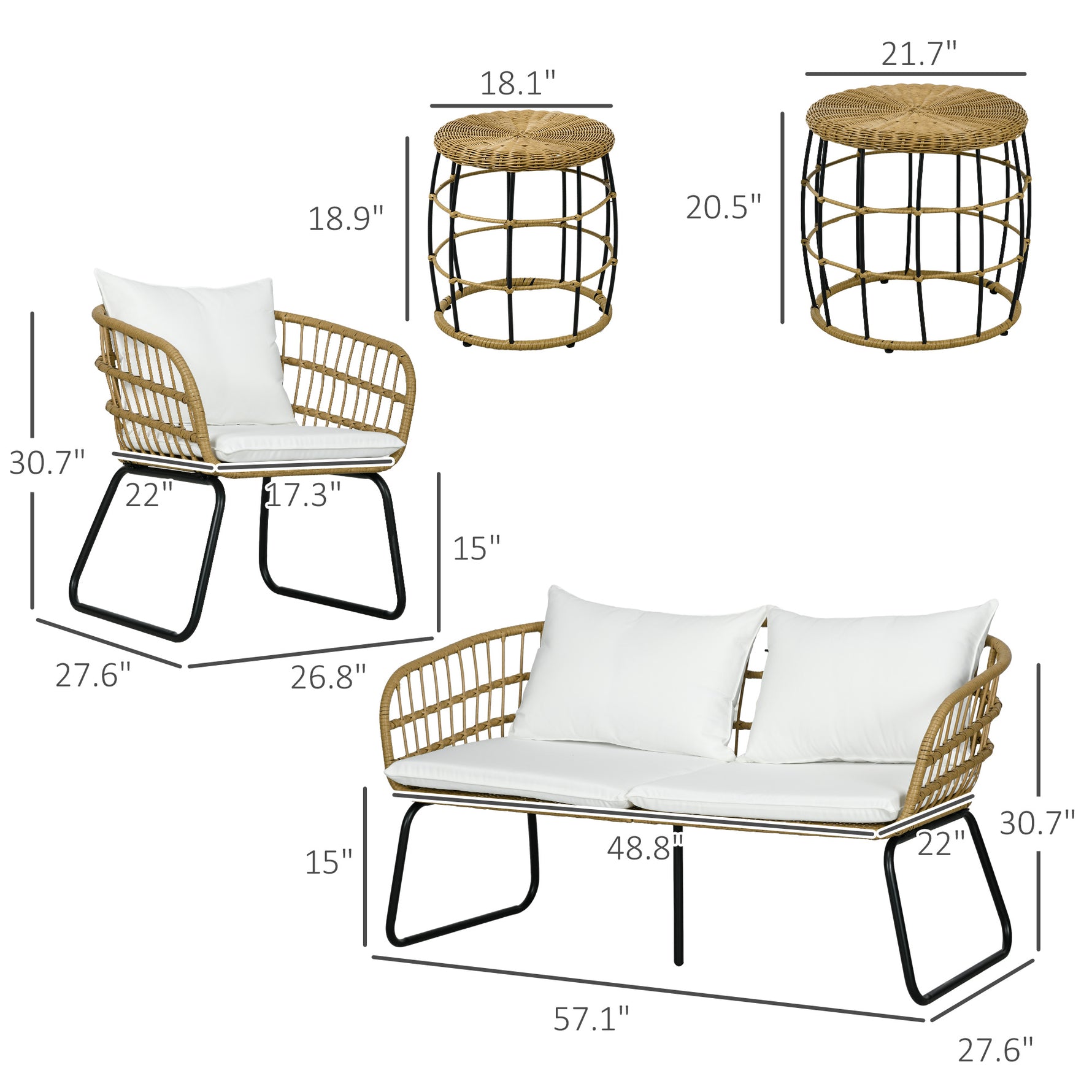 Juego de muebles de exterior de 5 piezas de ratán PE con sillas acolchadas, sofá biplaza y mesas de centro apilables, blanco crema