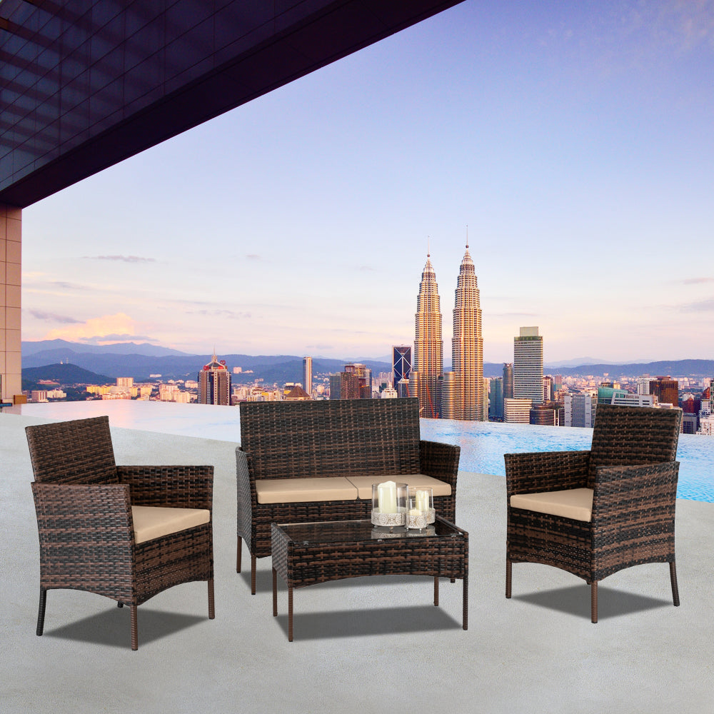 2pcs Arm Chairs 1pc Love Seat & Tempered Glass Coffee Table Rattan Sofa Set Brown Gradient