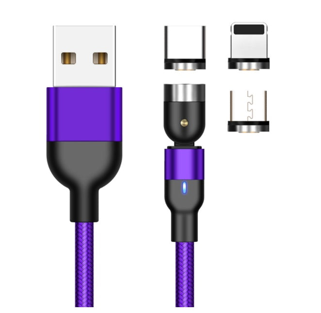 Purple braided magnetic charging cable with USB Type-C and iOS connector ends