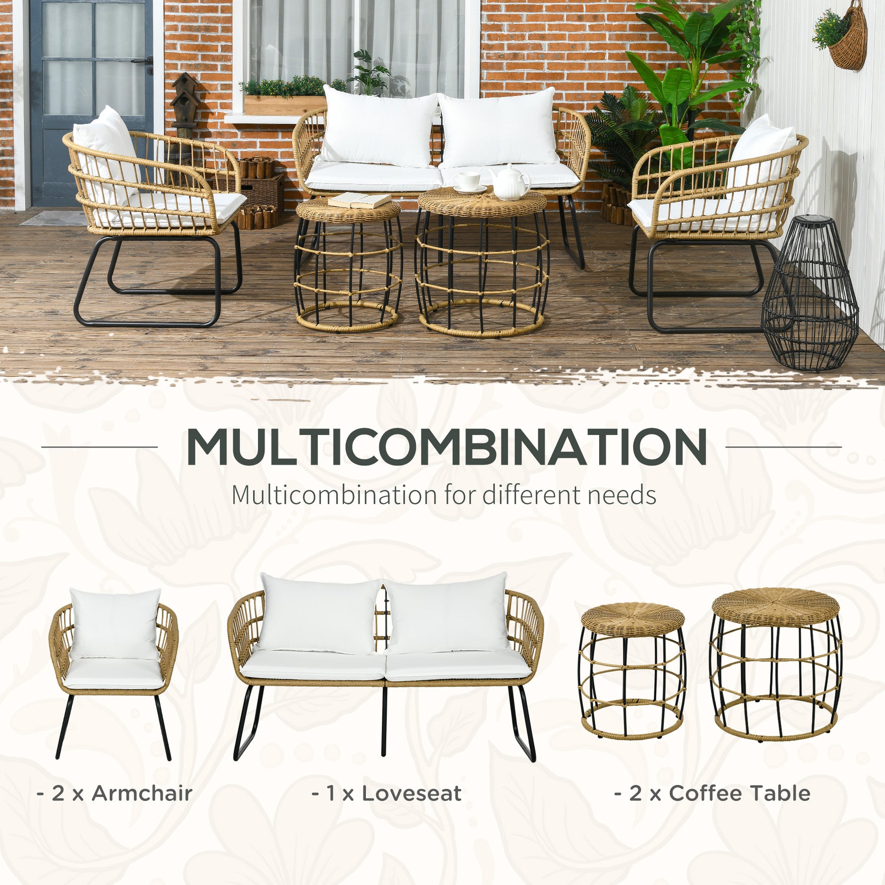 Juego de muebles de exterior de 5 piezas de ratán PE con sillas acolchadas, sofá biplaza y mesas de centro apilables, blanco crema
