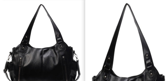 Women’s retro PU handbag, black, side view with top handles and shoulder strap details.