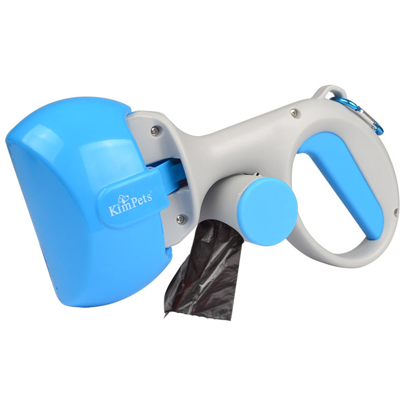 Automatic dog waste scooper with blue bin, white grip handle, and bag compartment.