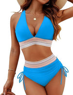 High waist bikini set: V-neck triangle top, striped band, drawstring side bottoms—bright blue