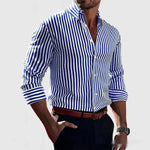Men's blue-and-white striped long-sleeve button shirt, button-down front and collar