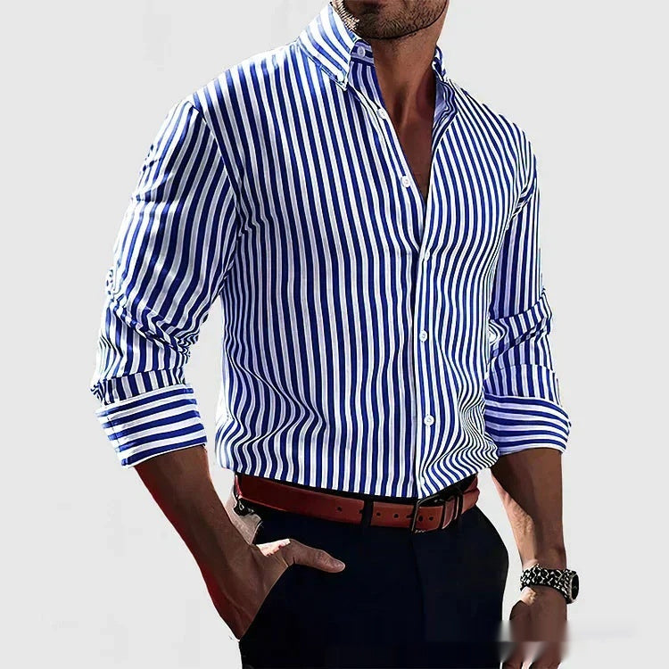 Men's blue-and-white striped long-sleeve button shirt, button-down front and collar