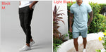 Slim fit business suit pants color options: black and light blue shown on models