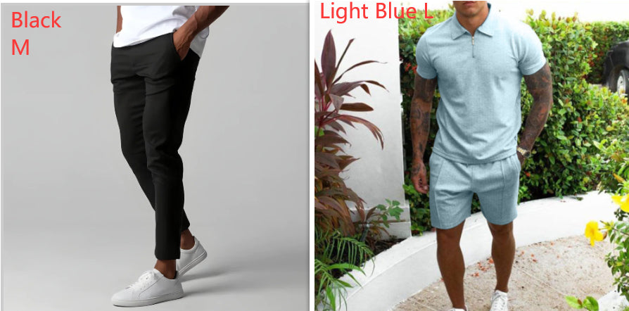 Slim fit business suit pants color options: black and light blue shown on models