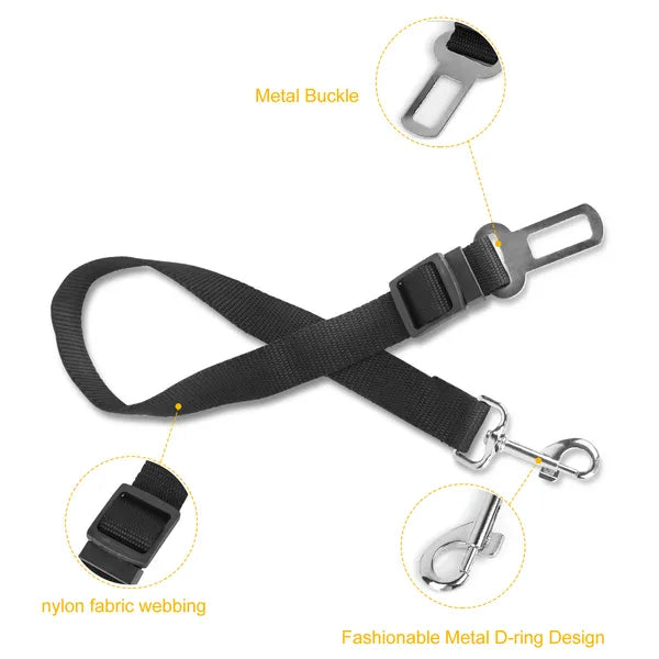 Black pet dog seat belt leash strap with metal buckle and D-ring hardware