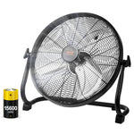 Black floor fan with circular wire grille and arched base, front close-up with battery icon.