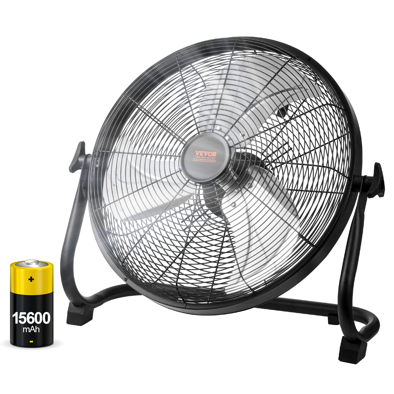 Black floor fan with circular wire grille and arched base, front close-up with battery icon.