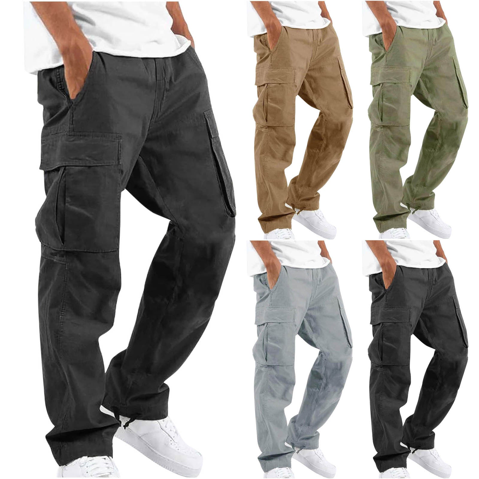 Men’s cargo pants set, black and khaki colors, multi-pocket straight-leg style