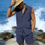 Men's linen sleeveless shirt and shorts set, navy blue, button-front, drawstring waistband