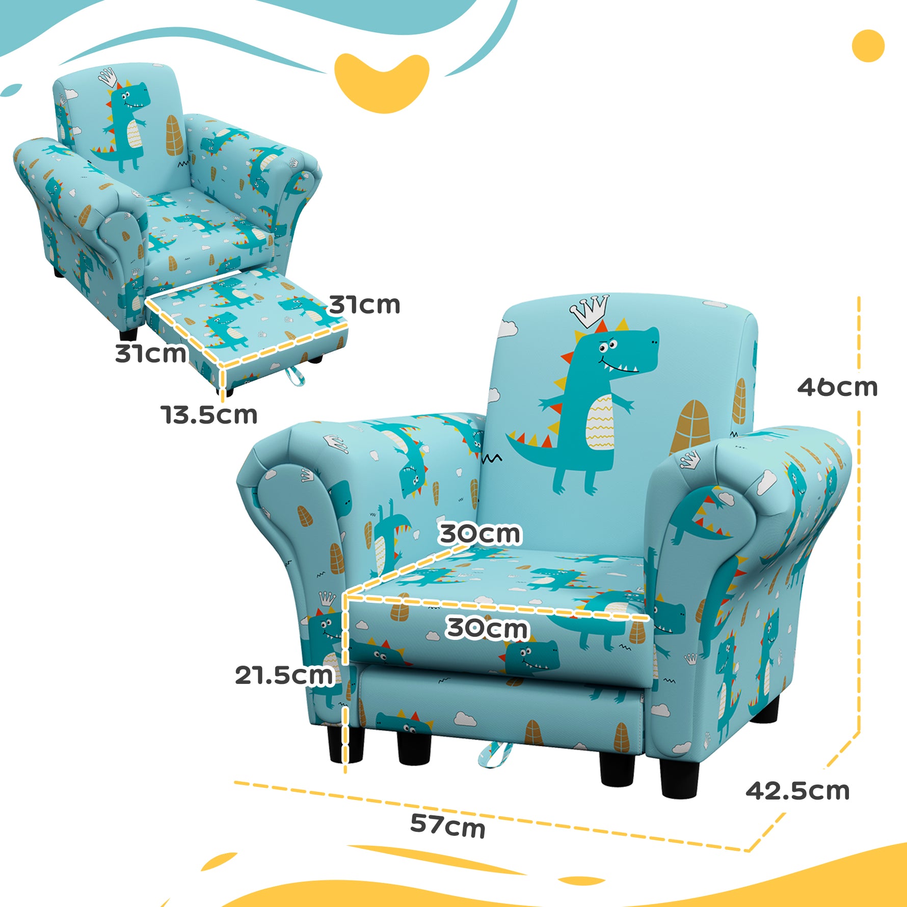 2 Piece Kids Sofa Set With Dinosaur Design, Wooden Frame, For 1.5-3 Years Old, Blue