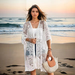 White sheer lace embroidered cardigan, open front, loose fit, 3/4 sleeves.