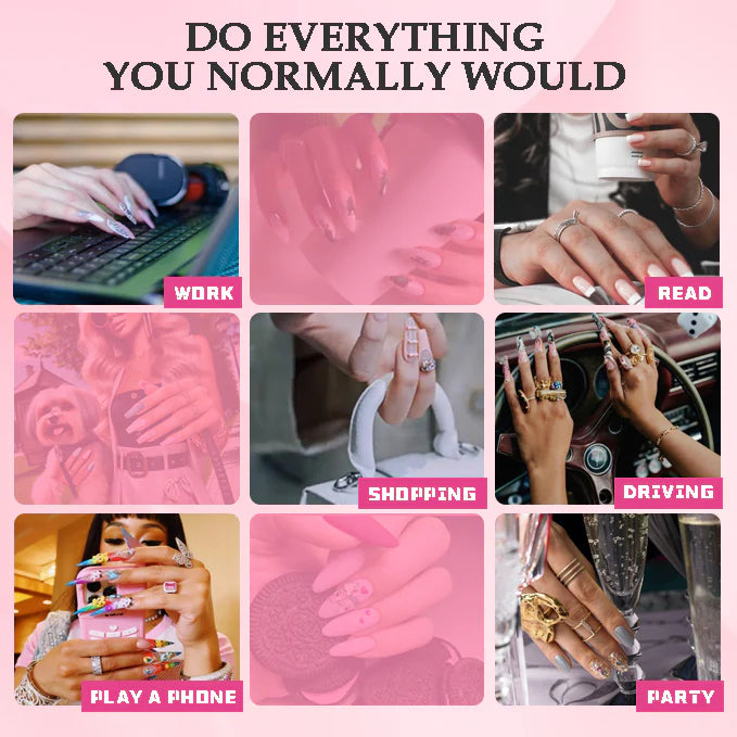 Press-on nails displayed in a lifestyle collage, with zebra and leopard patterns