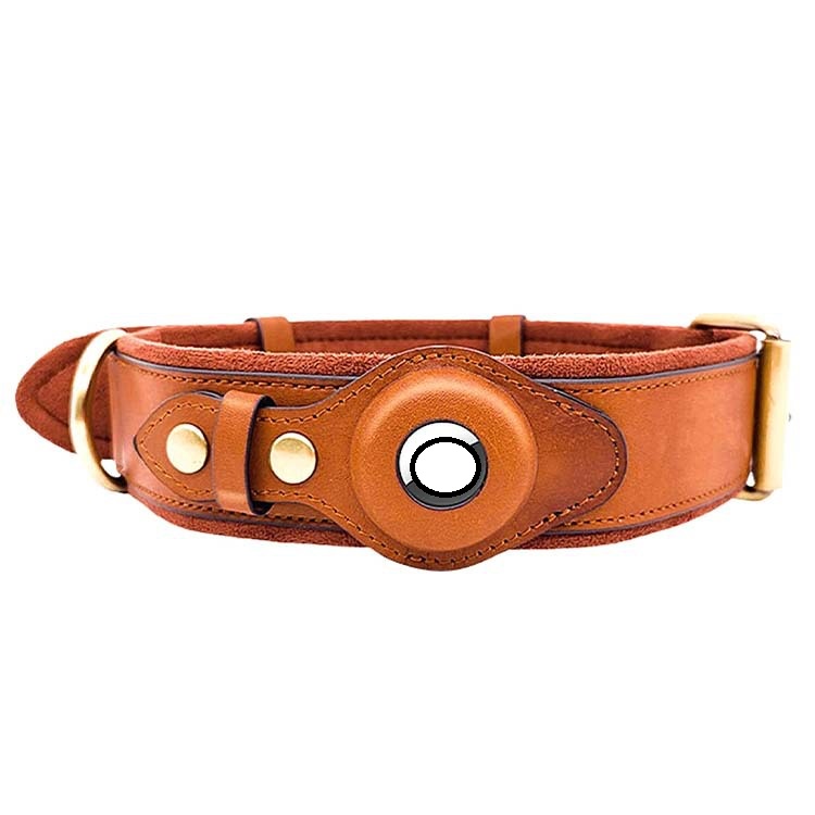 Brown-orange leather dog collar with round tracker window and brass hardware