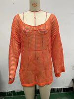 Orange mesh hollow-knit beach cover-up top with long sleeves and wide neckline