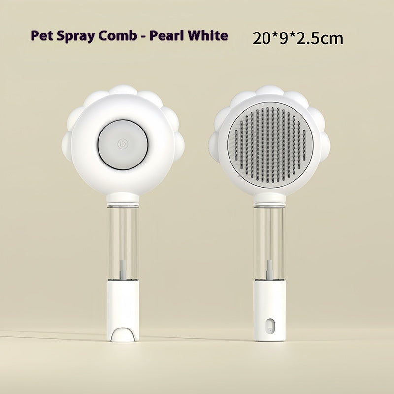 Pearl white pet spray comb with round metal bristle head and spray bottle handle