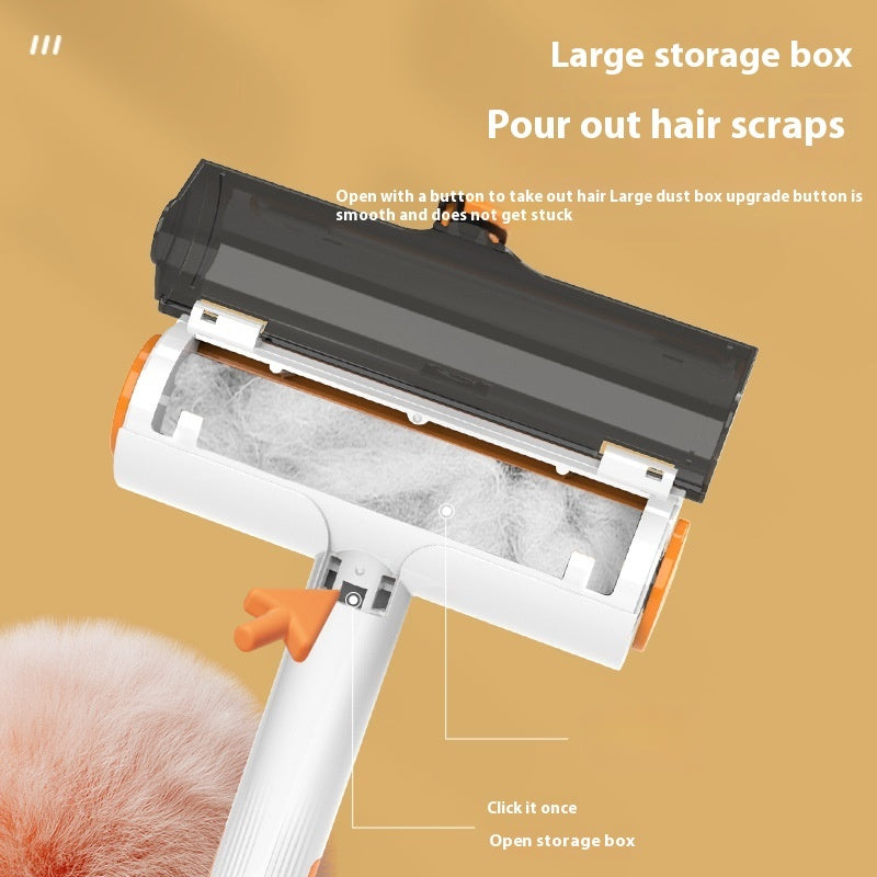 Lint roller with open dark dust box on white handle and orange release button