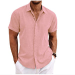 Pink men’s linen-style stand collar short sleeve t-shirt with button front