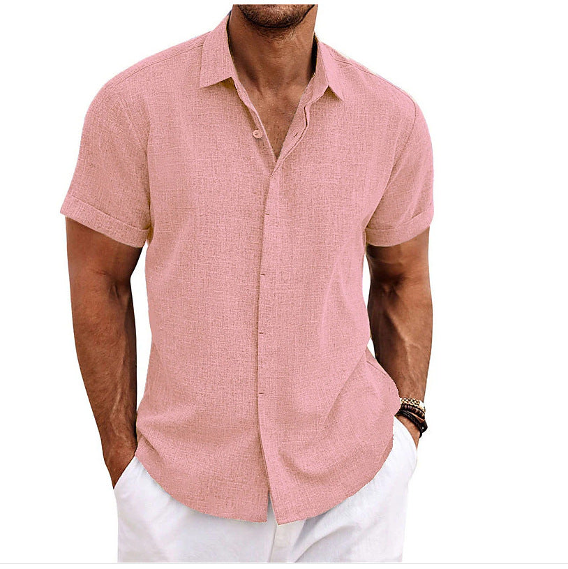 Pink men’s linen-style stand collar short sleeve t-shirt with button front