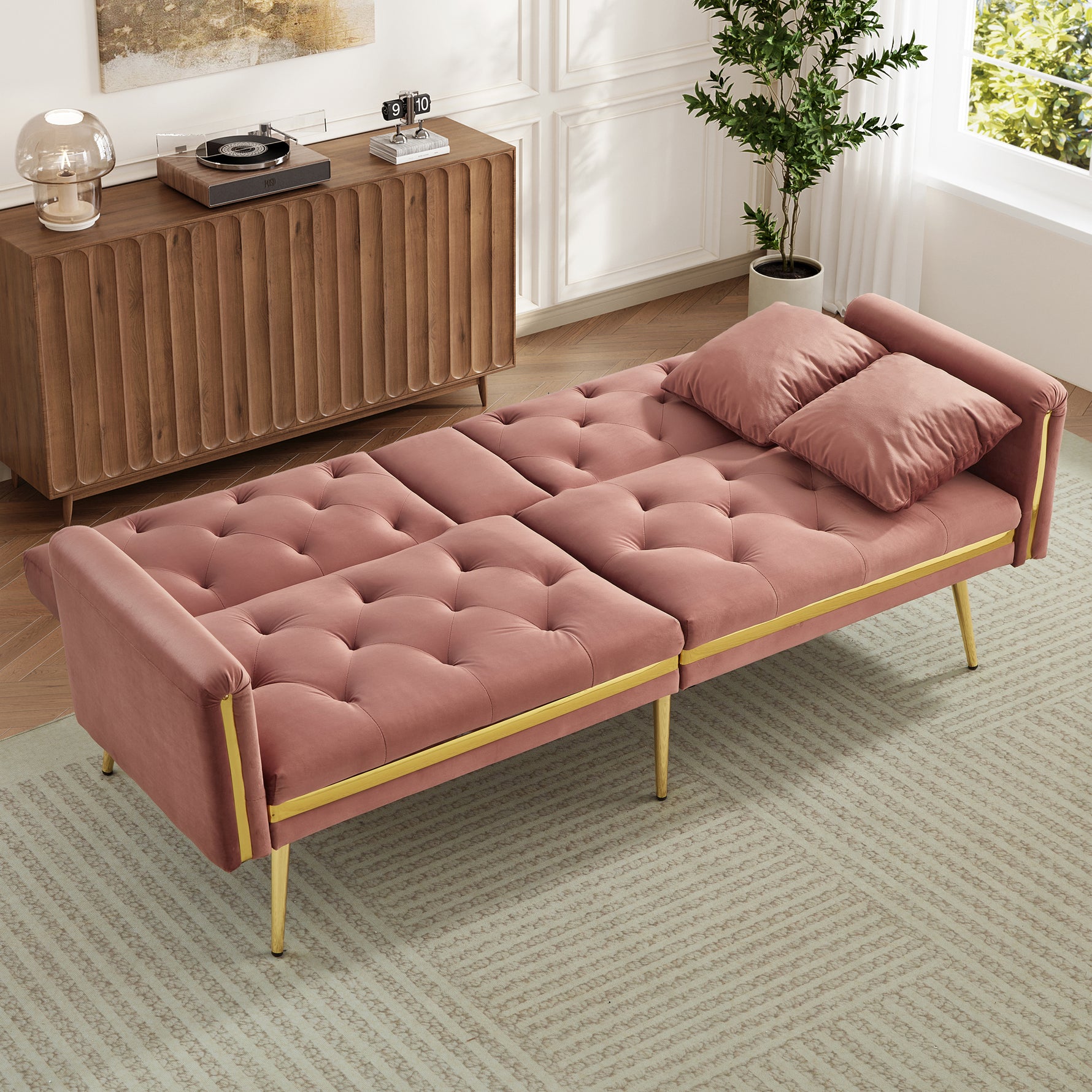 Two-seater Sofa Bed With Adjustable Backrest, Gold Accents And Built-in Cup Holders - Convertible Into A Comfortable And Space-saving Two-seater Sofa For Both The Living Room And Bedroom