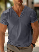 Men's loose short-sleeve henley beach t-shirt, gray, V-neck with button placket