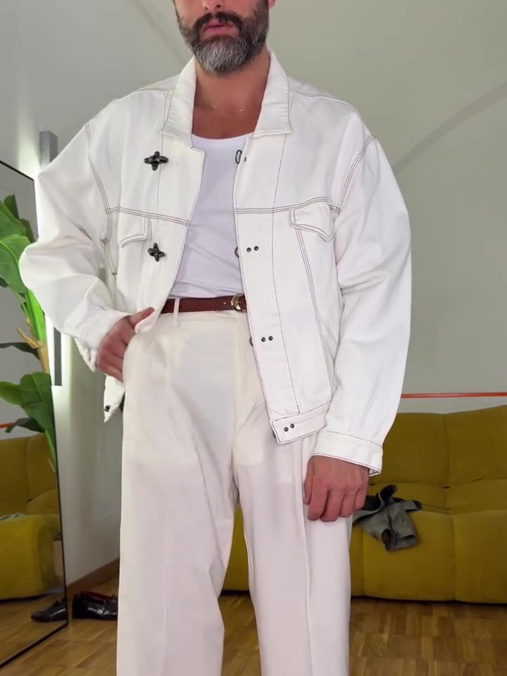 White Denim Jacket with Stylish Button Details and Long Sleeves by [Brand Name]