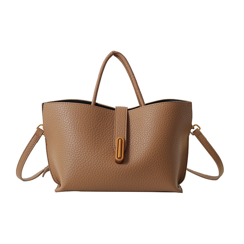 PU bucket tote with zipper, top handle and shoulder strap, brown