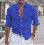 Men's cotton button-front long-sleeve shirt, royal blue, V-neck