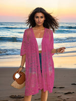 Fuchsia pink sheer lace embroidered cardigan, open front, loose fit, 3/4 sleeves.