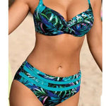 Tropical leaf bikini set with lace-tie front top and high-waist bottoms, teal and purple