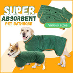 Green microfiber pet bathrobe waist wrap with orange trim, worn by dog