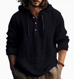 Men's hooded pullover shirt, black; front button placket, drawstring hood, long sleeves