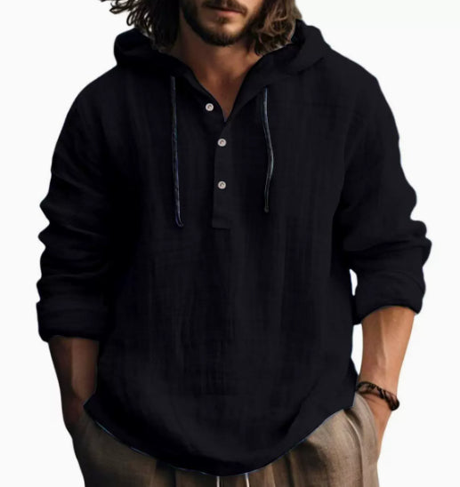 Men's hooded pullover shirt, black; front button placket, drawstring hood, long sleeves