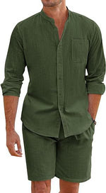 Long-sleeve button shirt and shorts set, dark green with chest pocket