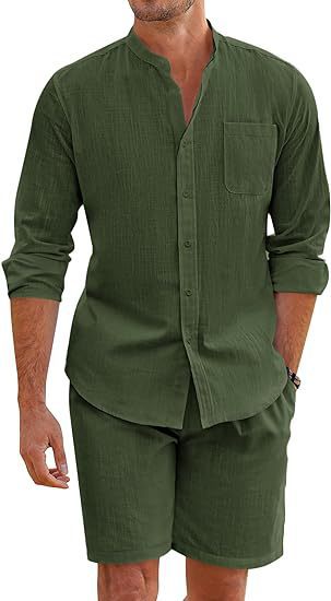 Long-sleeve button shirt and shorts set, dark green with chest pocket