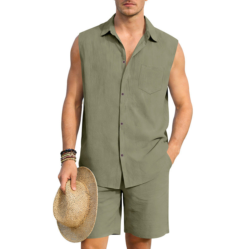 Linen sleeveless shirt & shorts set in army green, button front, chest pocket