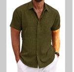 Olive green men’s linen-style stand collar short sleeve t-shirt with button front