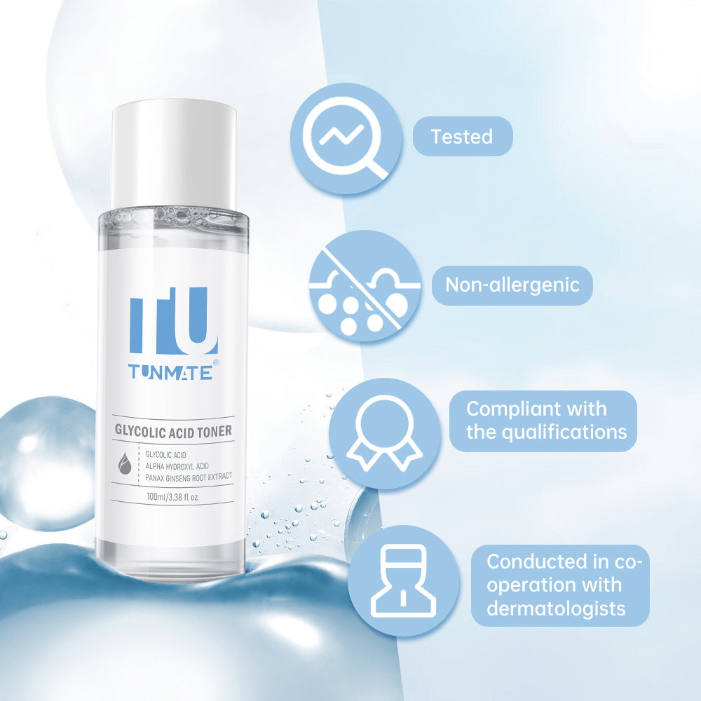 TUNMATE glycolic acid toner bottle with quality and testing icons