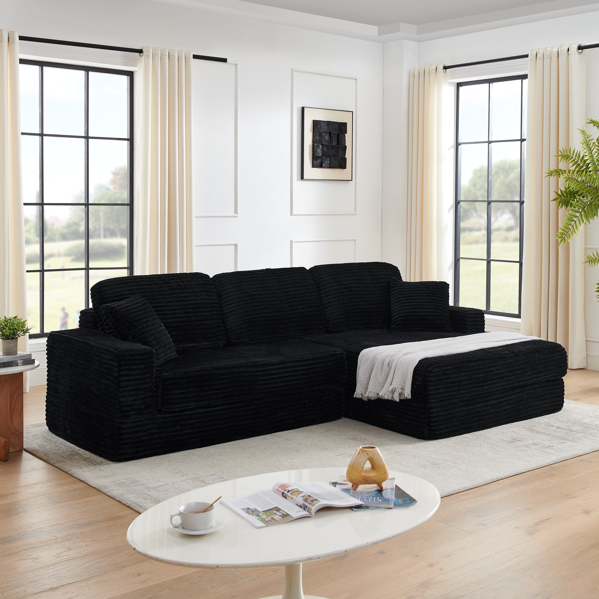 Asiento de sofá derecho, sofá seccional modular en forma de L, sofá seccional comprimido, sofá de pana de estilo minimalista moderno, se despliega en una cama, dormitorio, sofá comprimido cómodo, diseño que ahorra espacio - negro