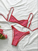 Women’s red gingham bikini set with triangle bra and tie-side bikini bottoms