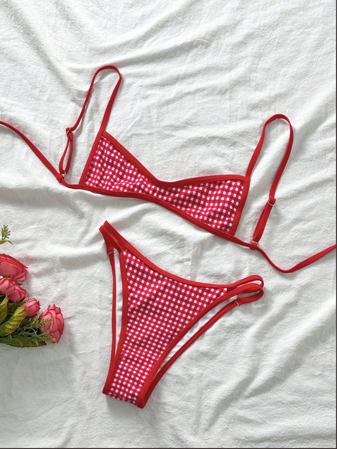 Women’s red gingham bikini set with triangle bra and tie-side bikini bottoms