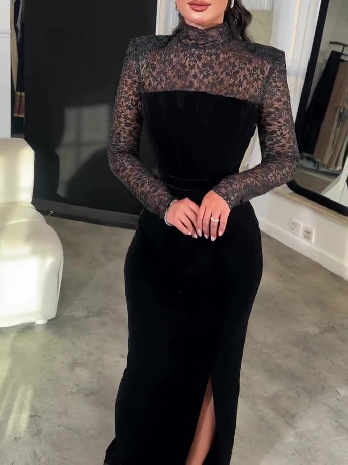 Black contrast bodice maxi dress with long sheer lace sleeves and high collar
