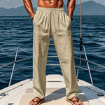 Men's breathable cotton-linen loose trousers, elastic waistband, light beige, full-length